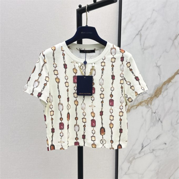 ルイヴィトン Tシャツ 2025年  LOUISVUITTON ネックレス プリント コットンジャージ ショートスリーブ クルーネック レディース