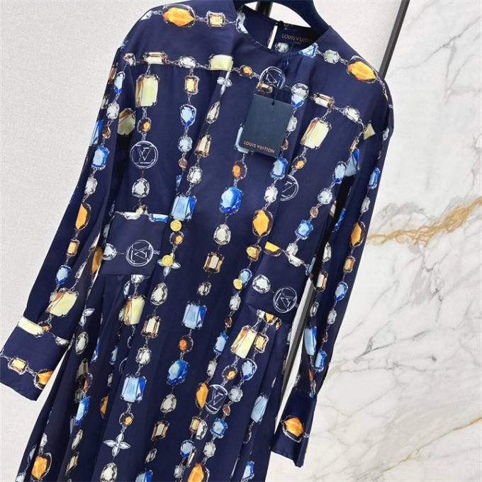 ルイヴィトン ロングドレス 2025年 LOUISVUITTON ネックレス プリント ワンピース ロングスリーブ シルク レディース - 画像 (3)