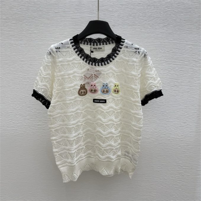 ミュウミュウ ニットシャツ 2025年 MIUMIU 透かし彫り Tシャツ 半袖 セーター クルーネック レディース - 画像 (4)
