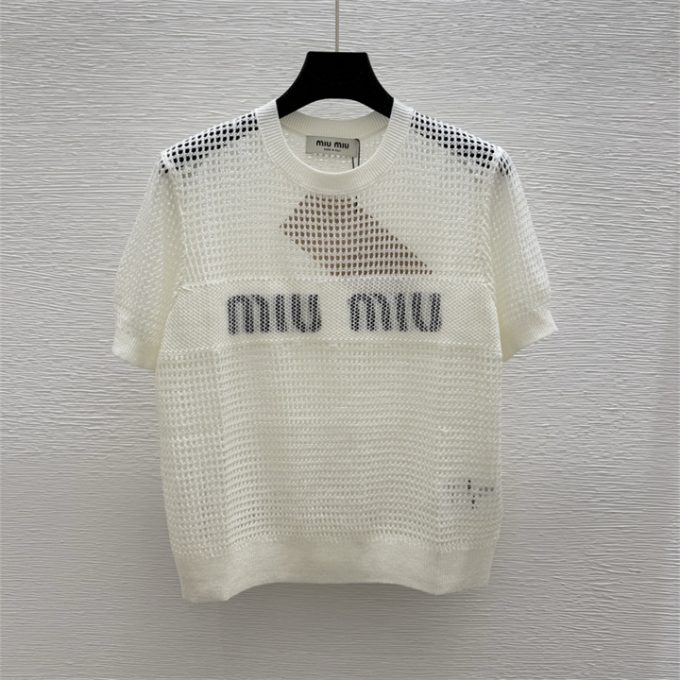 ミュウミュウ ニットシャツ 2025年 MIUMIU 透かし彫り Tシャツ 半袖 セーター クルーネック レディース - 画像 (4)
