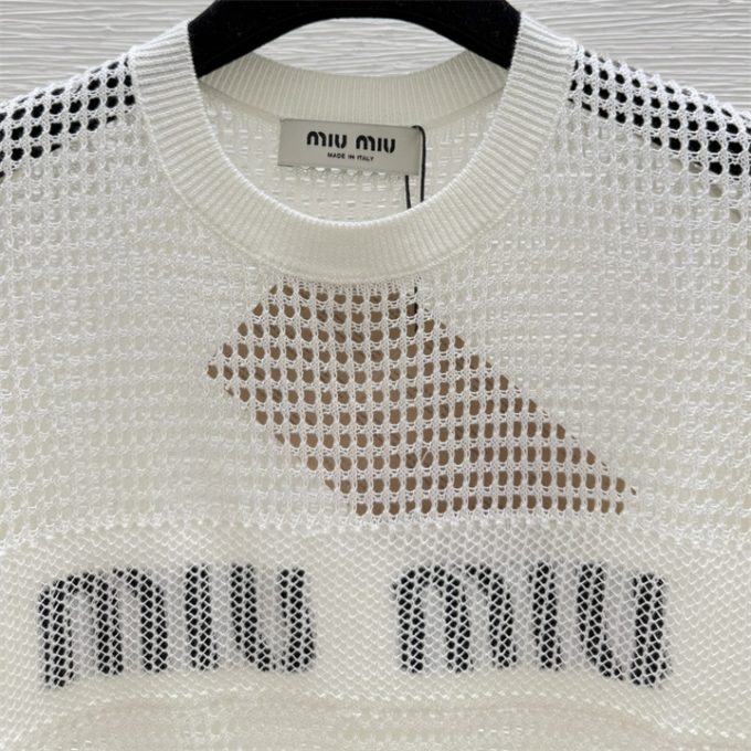 ミュウミュウ ニットシャツ 2025年 MIUMIU 透かし彫り Tシャツ 半袖 セーター クルーネック レディース - 画像 (6)