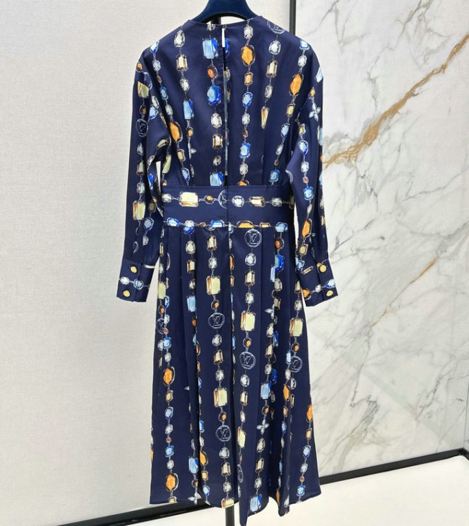 ルイヴィトン ロングドレス 2025年 LOUISVUITTON ネックレス プリント ワンピース ロングスリーブ シルク レディース - 画像 (2)