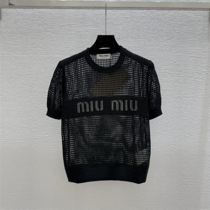 ミュウミュウ ニットシャツ 2025年 MIUMIU 透かし彫り Tシャツ 半袖 セーター クルーネック レディース - 画像 (2)
