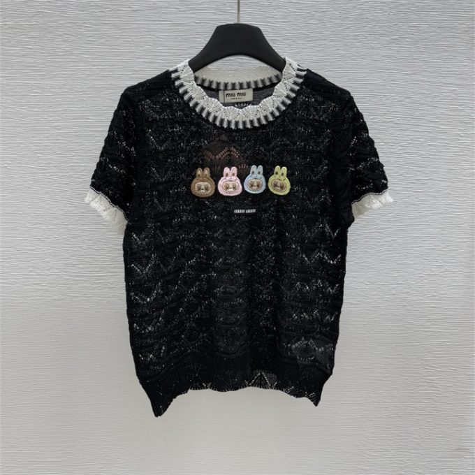 ミュウミュウ ニットシャツ 2025年 MIUMIU 透かし彫り Tシャツ 半袖 セーター クルーネック レディース - 画像 (2)
