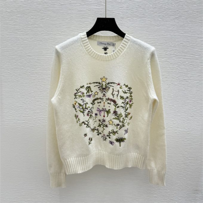 クリスチャンディオール ニットセーター 2025年 CHRISTIAN DIOR フラワー 刺繍 セーター ロングスリーブ カシミヤニット クルーネック レディース