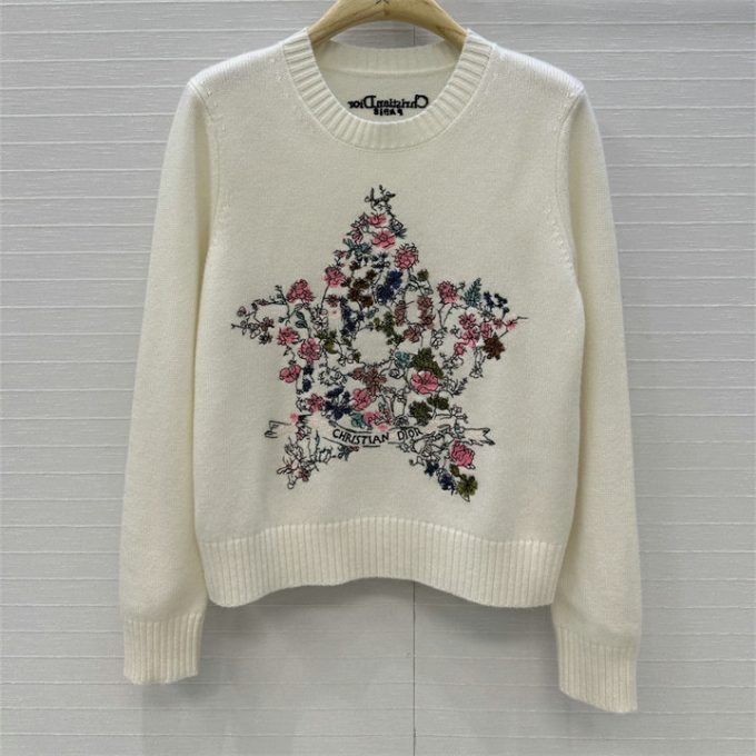 クリスチャンディオール ニットセーター 2025年 CHRISTIAN DIOR フラワー 刺繍 セーター ロングスリーブ ウールニット クルーネック レディース