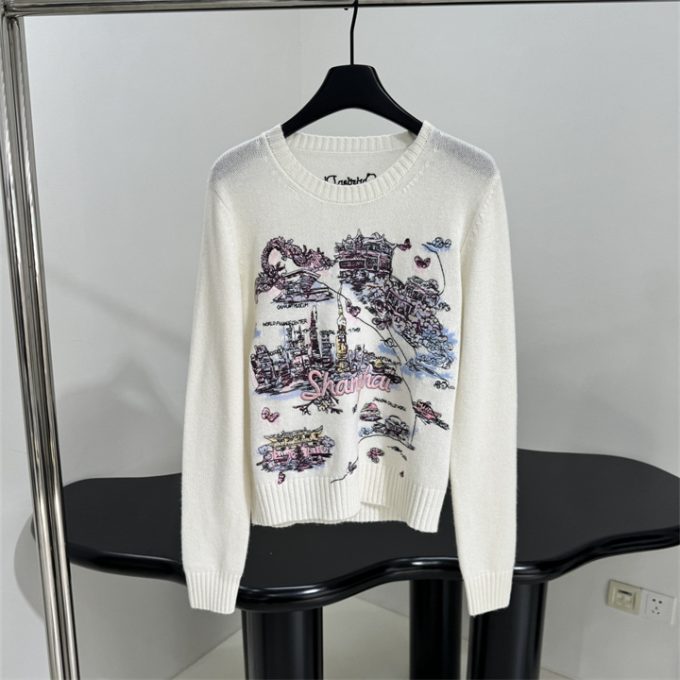 クリスチャンディオール ニットセーター 2025年 CHRISTIAN DIOR フラワー 刺繍 セーター ロングスリーブ ウールニット クルーネック レディース